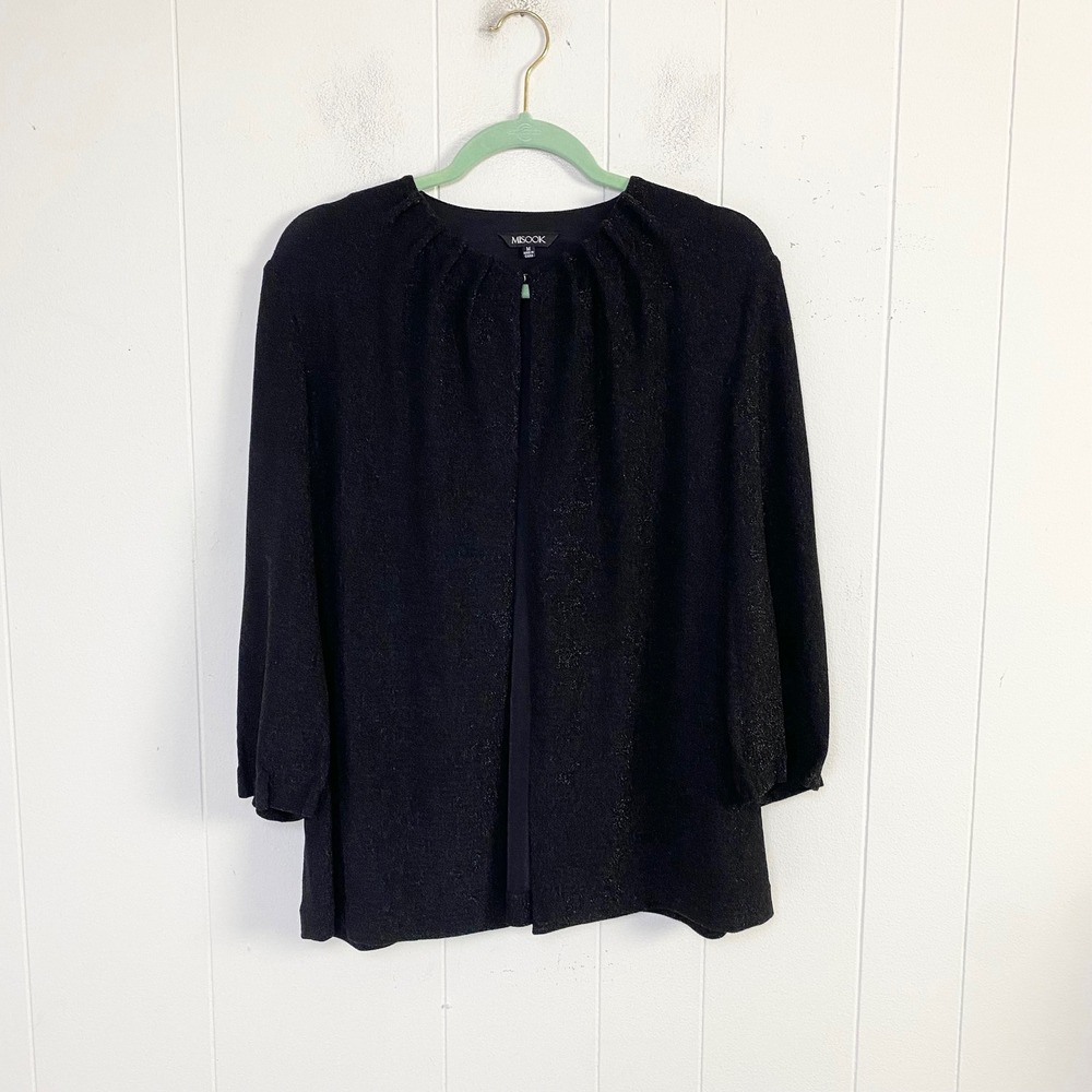 Misook Womens Black Metallic Knit Open Front Cardigan Jacket Pleated Neck M